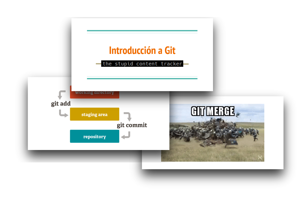 Three slides from the slideshow I used to my workshop. First slide shows a big, orange heading introducing the course. Second shows the process on how git stages and commits files. Finally, the third shows a lot of people clashing in the center of a battle field. This last one says "Git Merge" at the top.