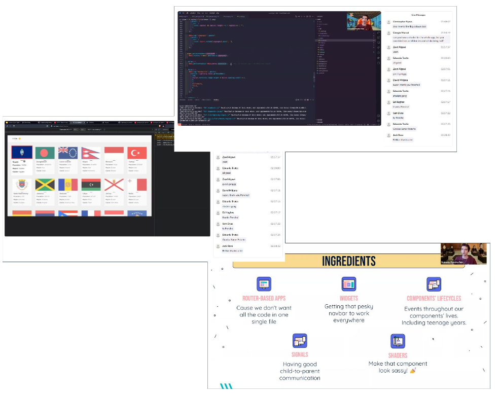 Three screenshots from the workshop. First one shows a some code for a Lightning component. Second shows an app with a series of flags in a grid. Finally, the third shows discussed in the second part of the workshop