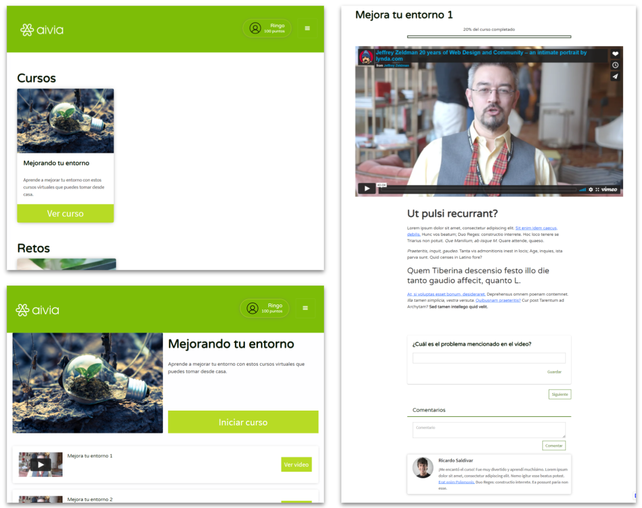 Prototype design of the main pages of the application: "Catalogue page," "course visualization," and "lesson taking." In the image, you can see a video player, a questionnaire, and a comment section