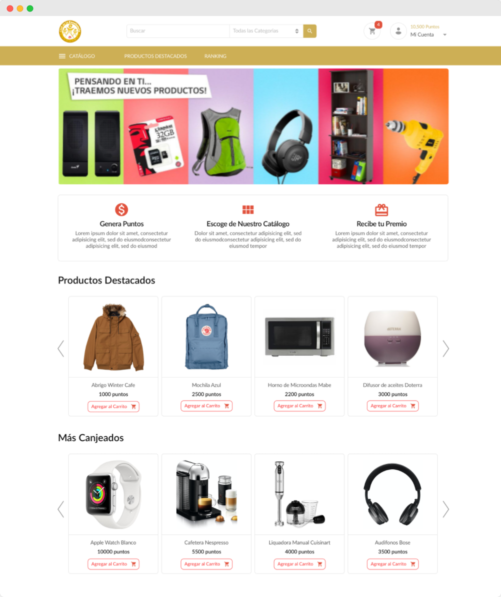 Home page. Includes a slideshow, a list of featured products, and a list of the most bought products.